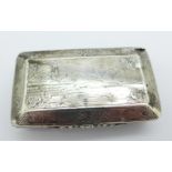A white metal snuff box with continental marks and lakeland landscape to the lid, a/f