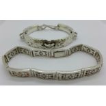 Two white metal bracelets, 84g