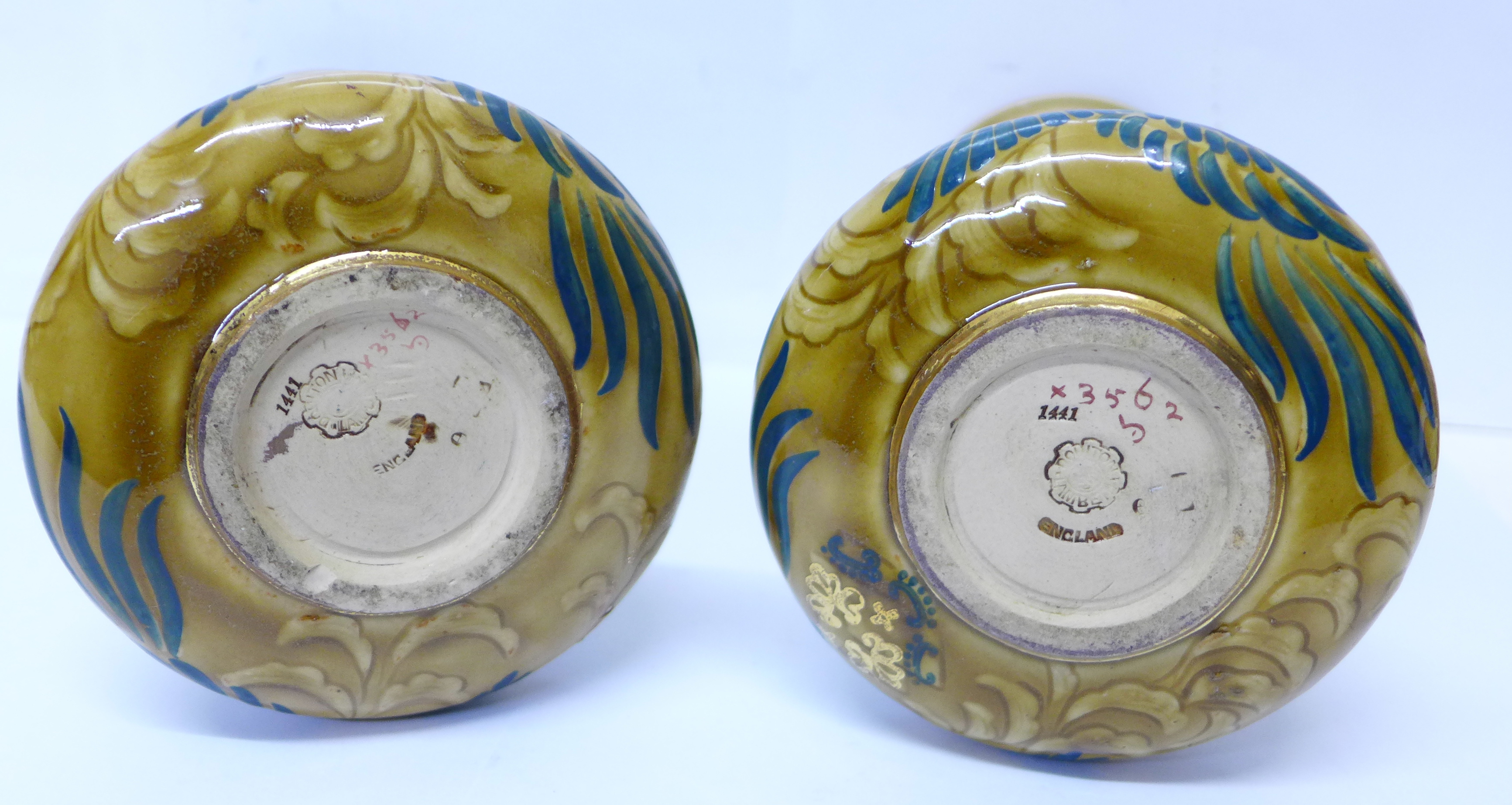 A pair of Doulton Lambeth Art Nouveau vases, circa 1890-1900, decorated with phoenix in foliage, - Image 4 of 4