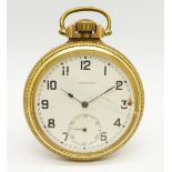 A Longines top wind gold plated pocket watch, a/f, with screw back case