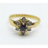 An 18ct gold, diamond and sapphire ring, 3g, N