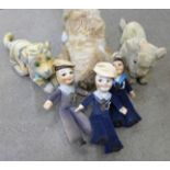 Three Nora Wellings style sailors and three soft toys