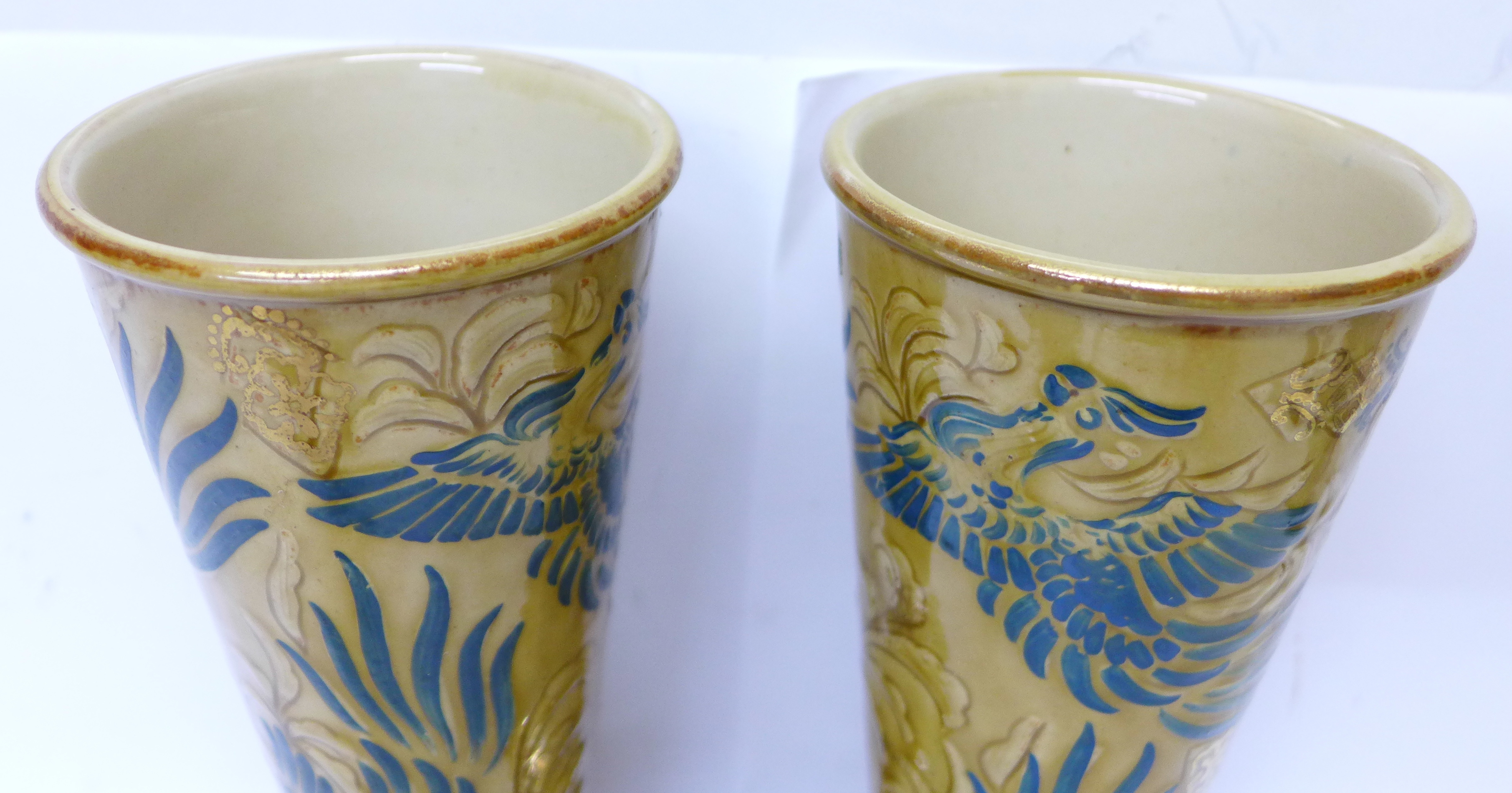 A pair of Doulton Lambeth Art Nouveau vases, circa 1890-1900, decorated with phoenix in foliage, - Image 3 of 4