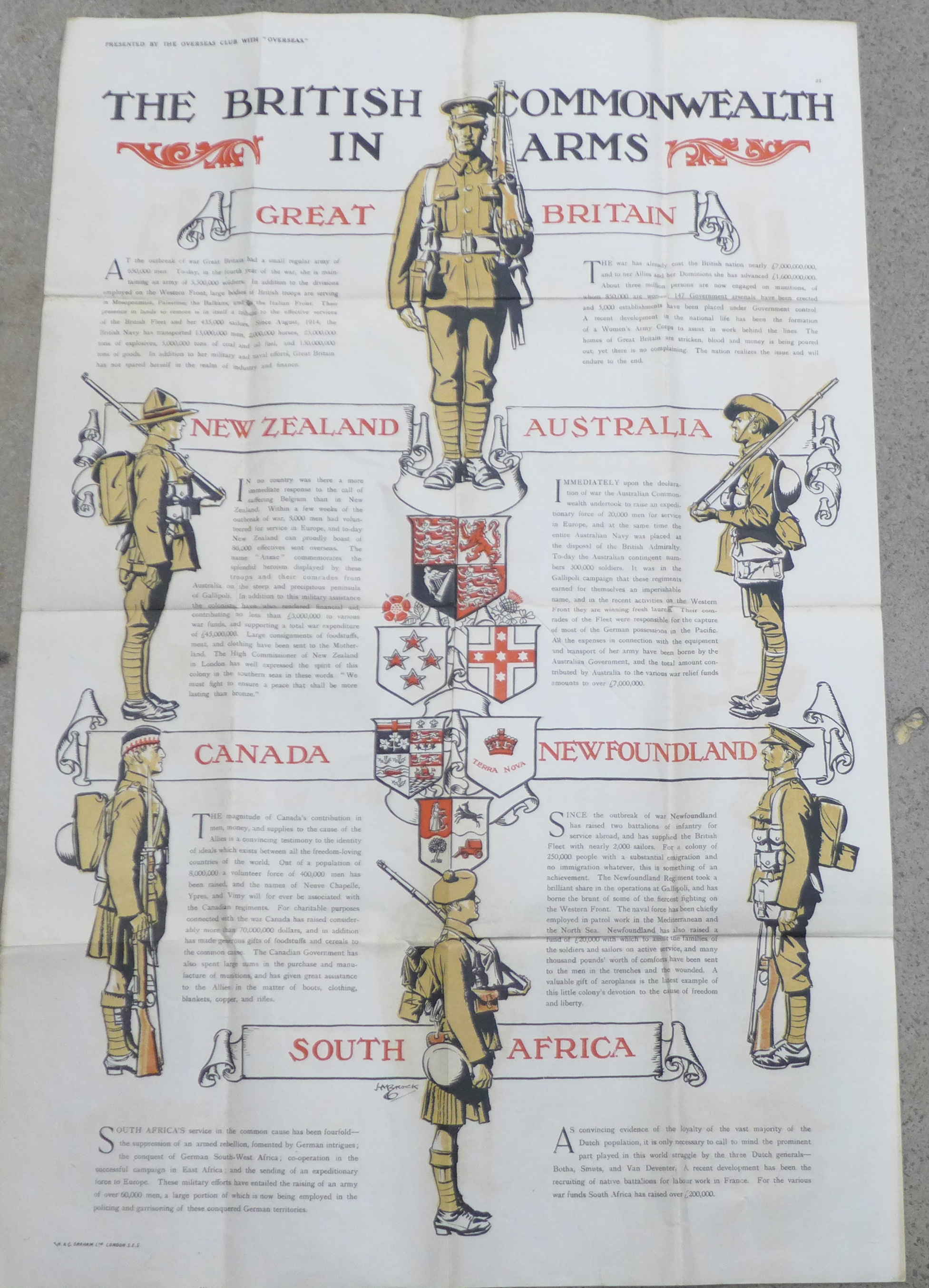 A WWI poster "The British Commonwealth in Arms", lithograph designed by H.M. Brock, 67 x 50cm