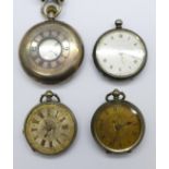 Four silver pocket watches including a half-hunter