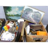 A box of assorted items including plated ware, china, wooden boxes, Wade, watches, etc.