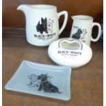 Black & White Scotch Whisky jugs, an ashtray and a glass ashtray