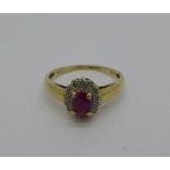 A 9ct gold, diamond and ruby ring, 1.8g, M