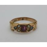 A 9ct gold, ruby and pearl ring, Chester 1906, 3g, P