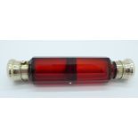 A Sampson Mordan double ended ruby glass scent bottle, with initials and motto, 'I saved the King'