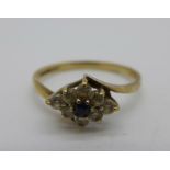 A 9ct gold, blue and white stone ring, 1.7g, P