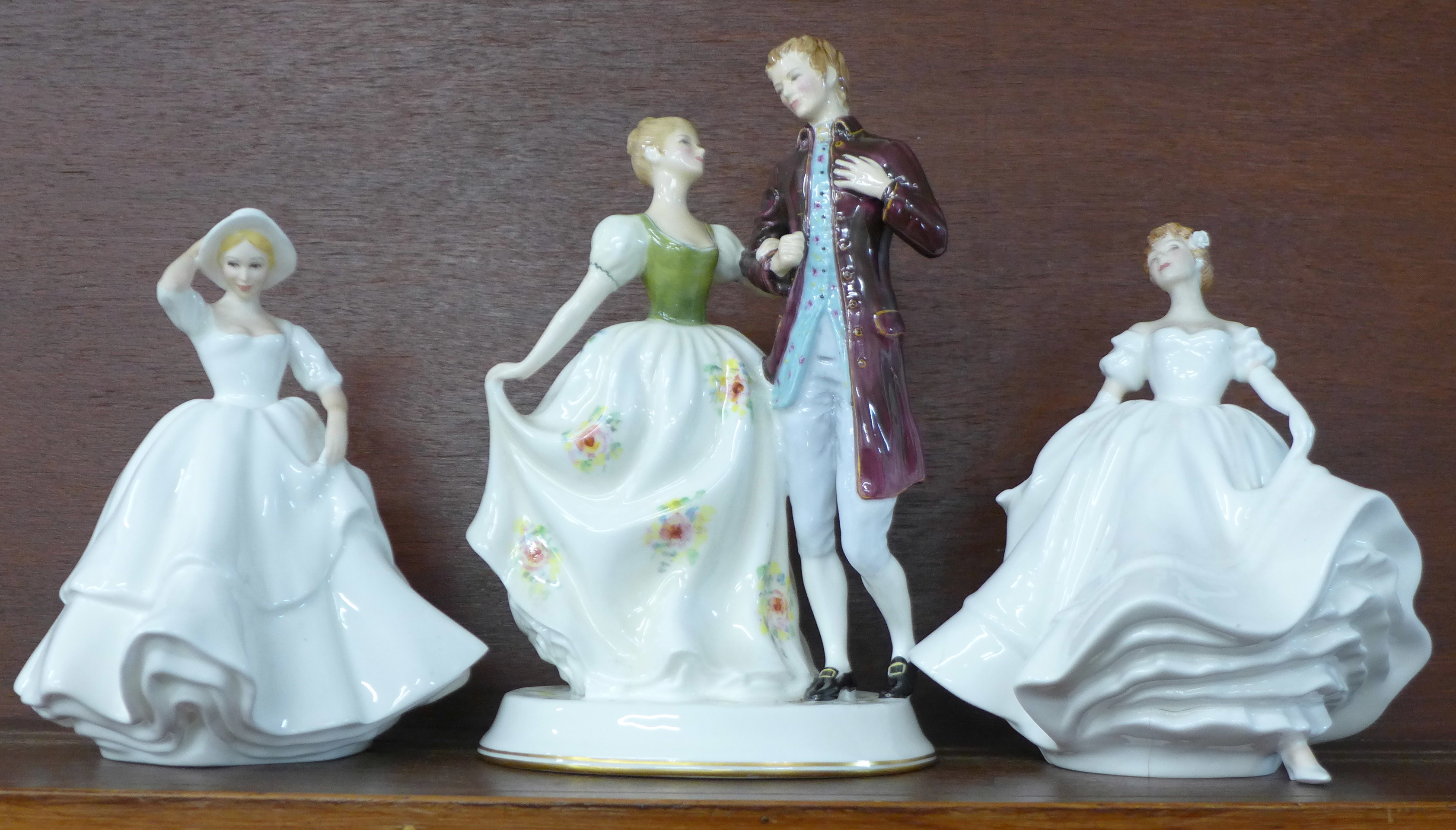 Three Royal Doulton figures, Young Love, Samantha and Nancy, Nancy a/f (hairline at base)