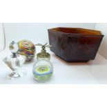 An Art Deco pressed glass bowl, two glass paperweights and two perfume bottles