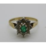 A 9ct gold, emerald and diamond cluster ring, 1.4g, L