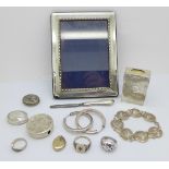 Silver items including a photograph frame, matchbox holder, jewellery, etc., (some a/f)