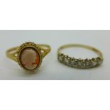 A 9ct gold cameo ring and a 9ct gold, seven stone cubic zirconia ring, 2.5g, Q and P