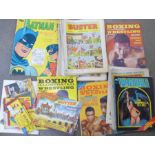 1970's Buster comics, boxing magazines, Enid Blyton comic strip booklets, a Batman painting by