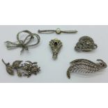 Four silver and marcasite brooches and two marcasite dress clips
