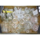 A box of assorted vintage glassware including decanter set, whisky glass and snowball glasses, etc.