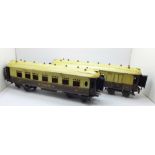 Two pre-war Hornby O gauge tin plate carriages, Arcadia and Iolanthe