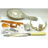 Silver jewellery, an amber pendant and bracelet, gold plated jewellery, a silver backed brush, a/