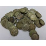 Approximately 75 pre 1947 3d silver coins, 104g