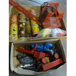 A Jones metal toy crane, Dinky Toys, Matchbox and other die-cast vehicles and three kaleidoscopes