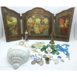 A wooden religious tryptych, a gilt brass figure of Jesus, a font, three rosaries and Holy visit