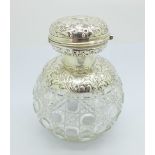 A Victorian silver topped globular glass scent bottle, base a/f