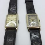 A vintage Hamilton tank shape wristwatch in a 14ct gold case and a similar Longines wristwatch in