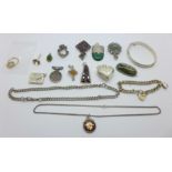 Assorted silver jewellery, etc., including a moss agate brooch, an Albert chain, a stamp case, a