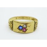 A Victorian 18ct gold, diamond, sapphire and ruby ring, Birmingham 1893, 2.6g, M