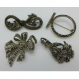 Four silver marasite brooches