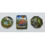 Three Gwenda 1940's Art Deco compacts, foil scenes, budgerigars/ladies in crinolines