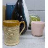 A stoneware mug, a/f, three glass vases and a planter