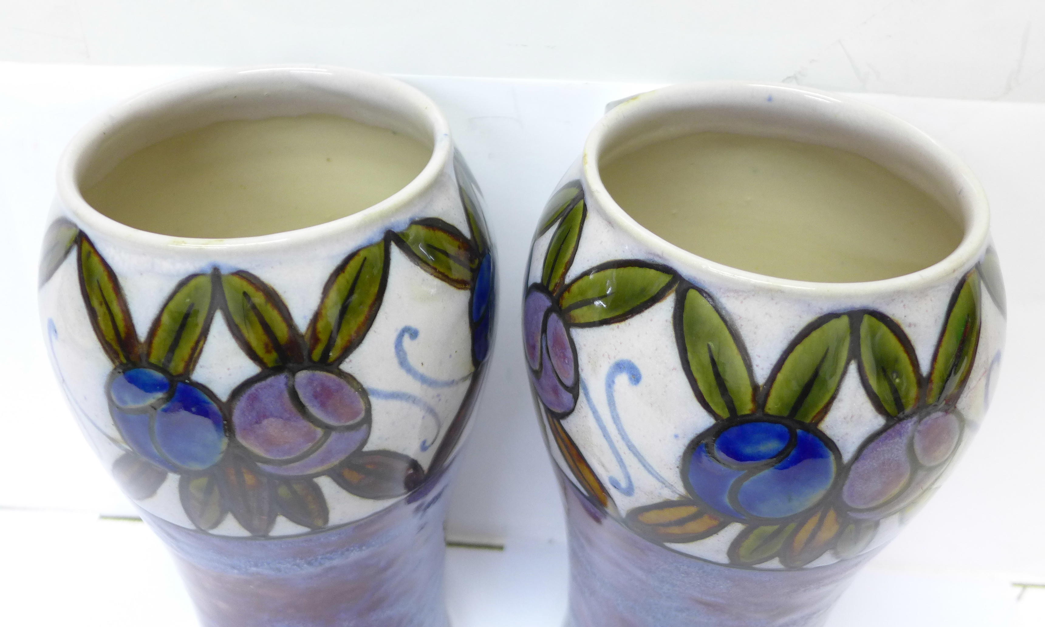 A pair of Royal Doulton Art Deco vases, designed by Maud Bowden, impressed marks, 22cm - Image 2 of 3