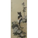 Chinese School, cat amongst flowers, watercolour on silk, 96 x 40cms, framed