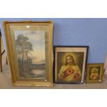 A landscape print and two prints of Jesus