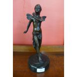 A bronze figure of a pixie, on green marble socle