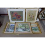 Six assorted landscapes and still life's, watercolours and pastels