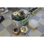 A box of assorted items, including brass lantern, glass light shade, copper kettle, etc.