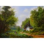 Peter Snell, landscape with a cottage and figures, oil on canvas, 29 x 40cms, framed