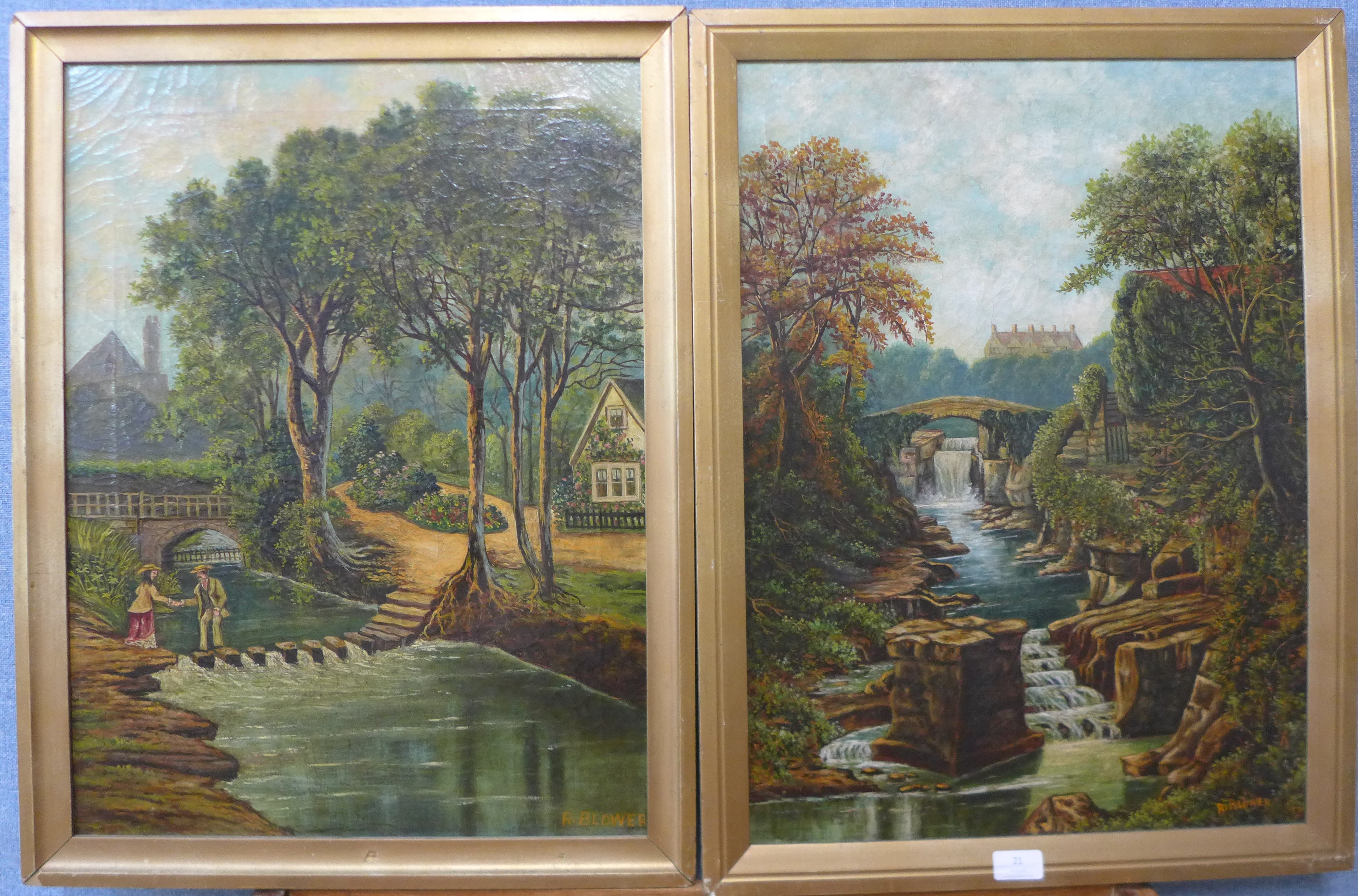 R. Blower, Stepping Stones and Jesmond Dene, oil on canvas, 60 x 44cms, framed - Image 3 of 3