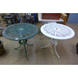 Two painted cast alloy garden tables