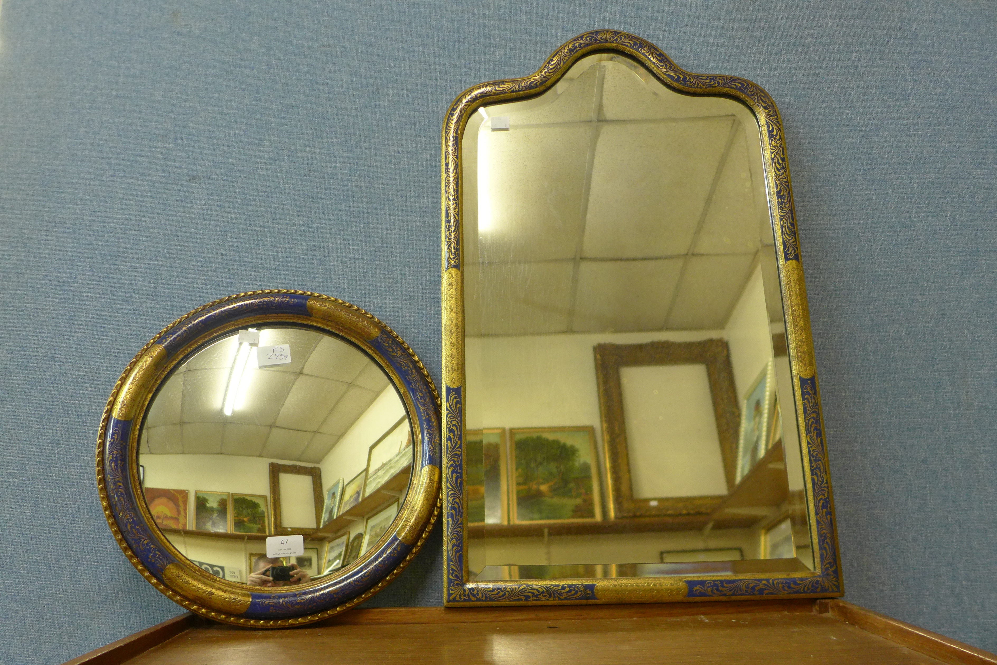 Two cobalt blue and parcel gilt framed mirrors