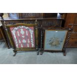 A Victorian rosewood barleytwist tapestry fire screen and one other