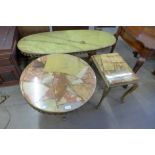 Three onyx and brass coffee tables