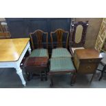 A 17th Century style carved mahogany and bergere side chair, pair of mahogany dining chairs,