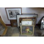 Assorted prints and a still life of fruit, oil on canvas