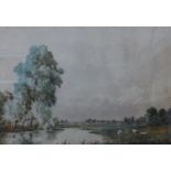 Warren Hayward, landscape with cattle watering, watercolour, 25 x 36cms, framed